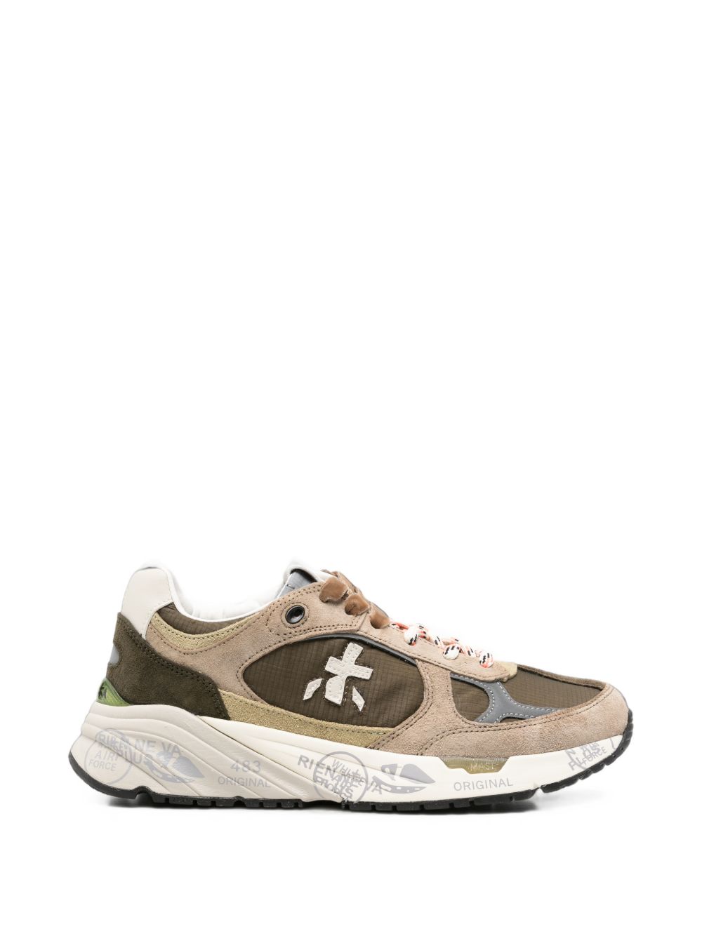 PREMIATA Sneakers Mased beige con inserti verdi e dettagli in pelle scamosciata