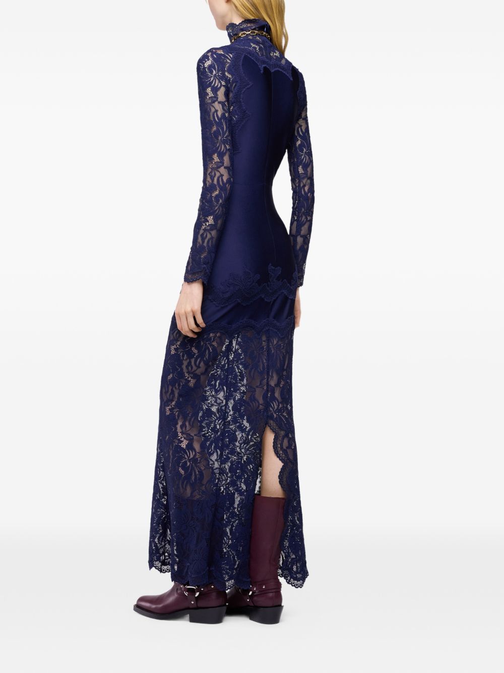 RABANNE Abito lungo elegante blu viola con ricami e pizzo