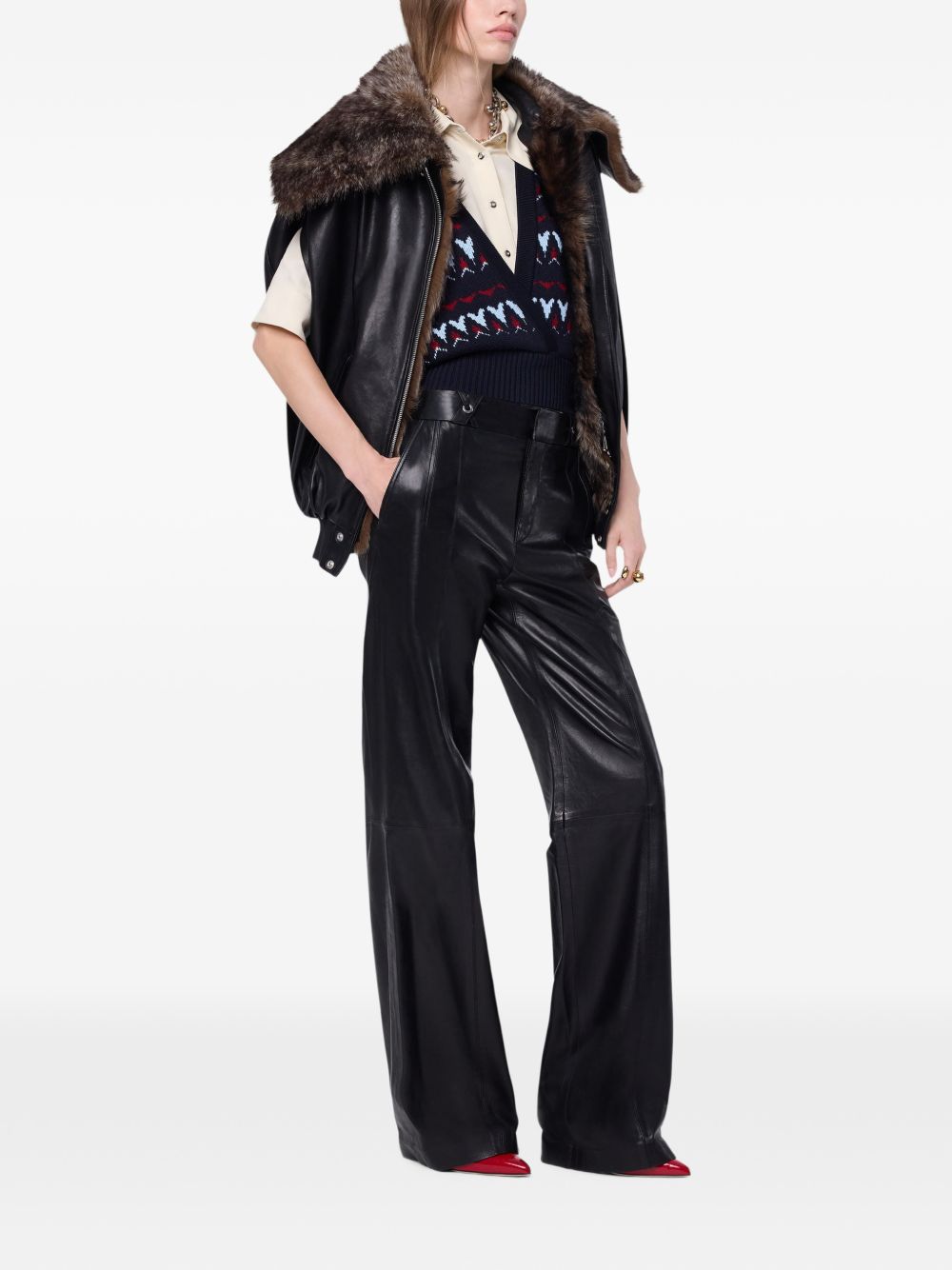 RABANNE Giacca Mantella in Pelle d'Agnello Nera con Collo Removibile in Shearling