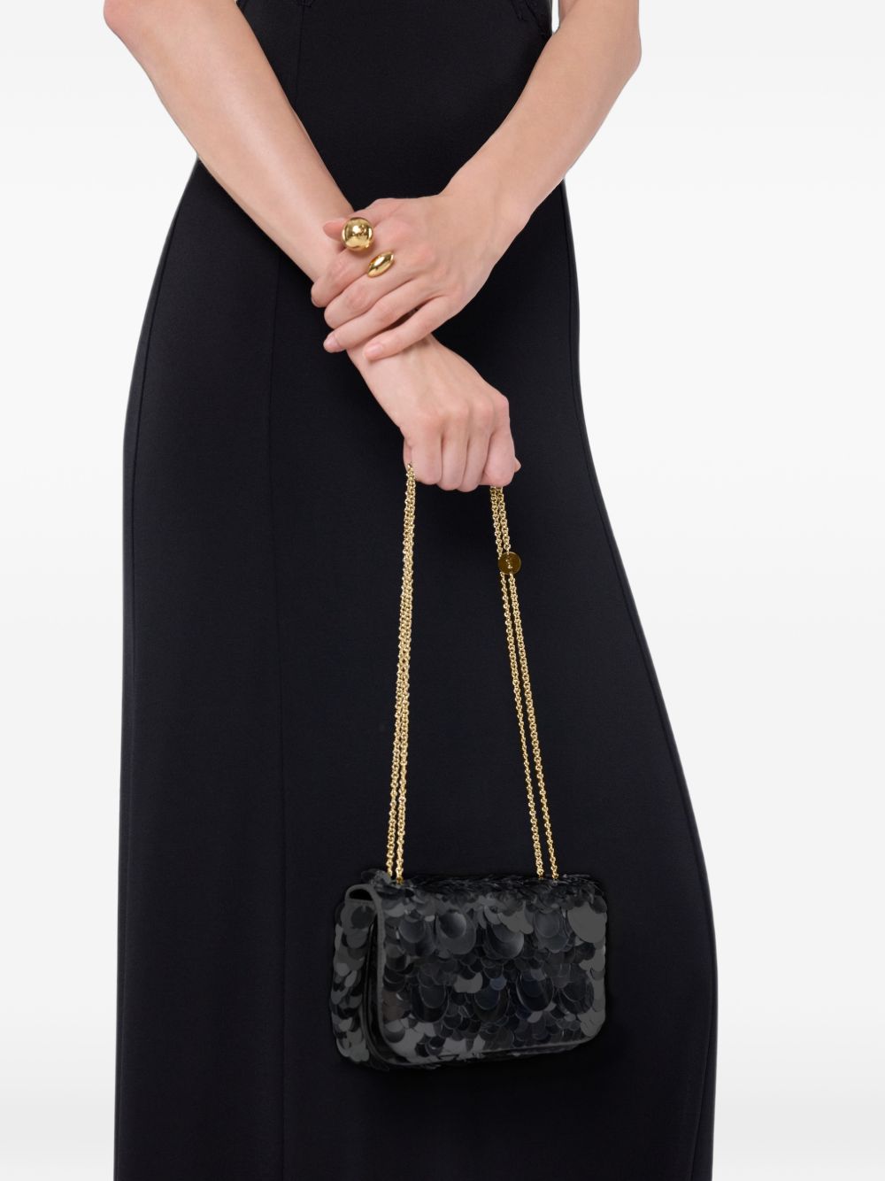 RABANNE Borsa Baguette Sparkle in Raso Nero con Ricami di Paillettes e Catena Regolabile