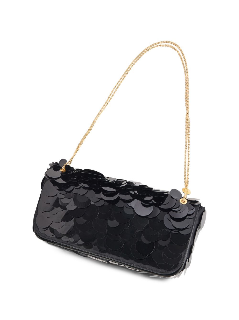 RABANNE Borsa Baguette Sparkle in Raso Nero con Ricami di Paillettes e Catena Regolabile