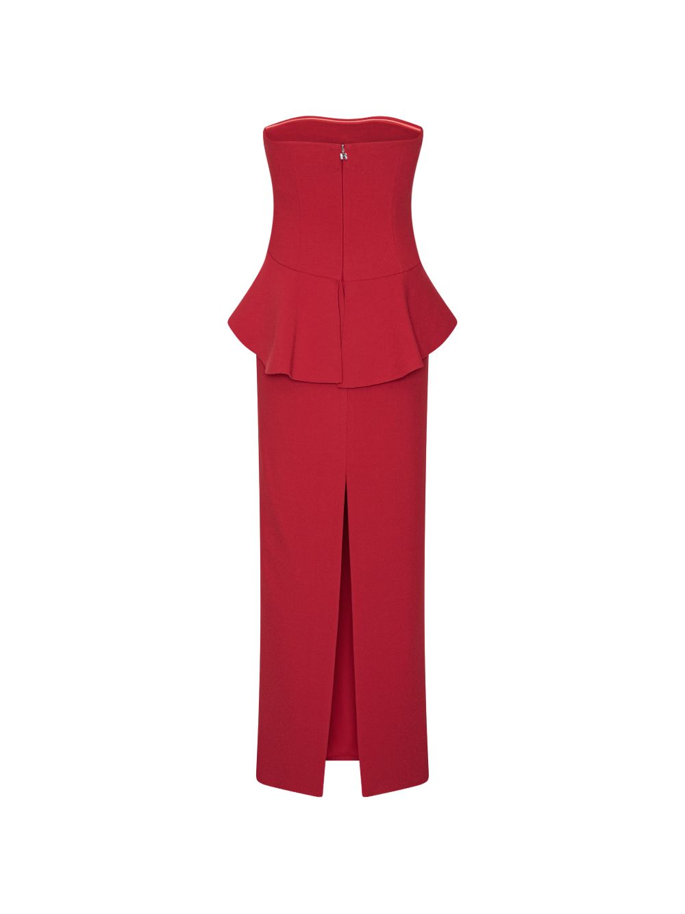 ROTATE Abito lungo rosso con rouches, rosa in vita e spacco
