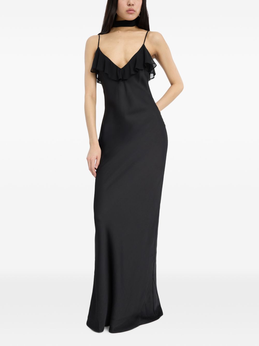ROTATE Abito lungo V-neck in seta nero
