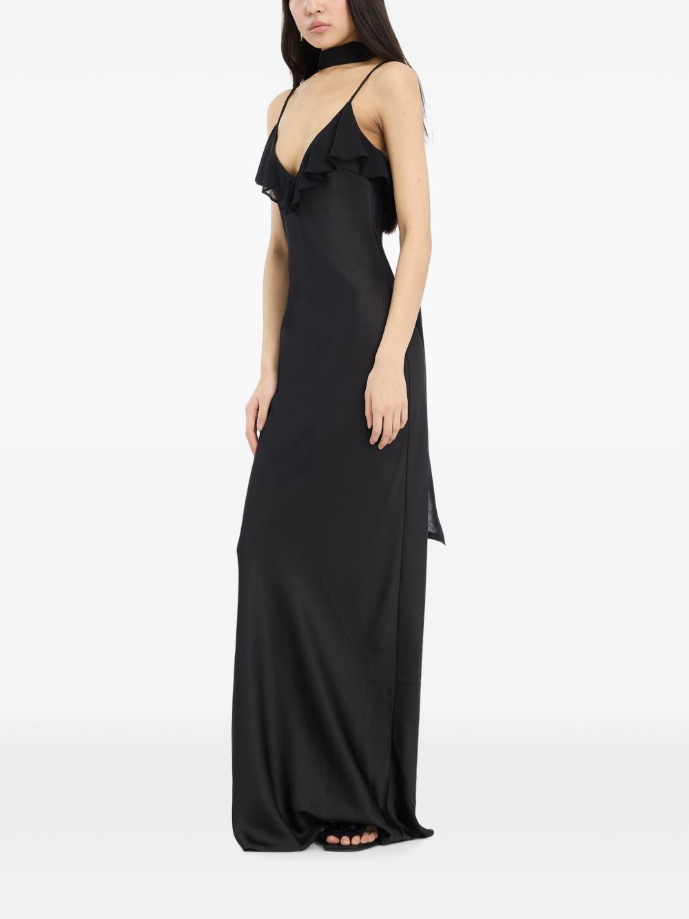 ROTATE Abito lungo V-neck in seta nero