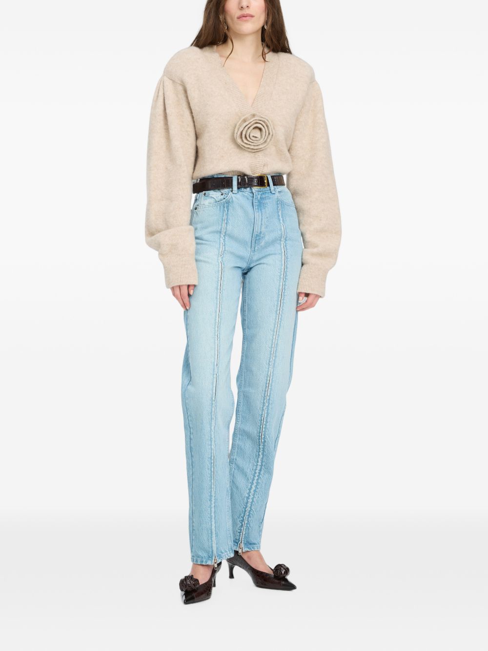 ROTATE Cardigan beige in maglia con fiore