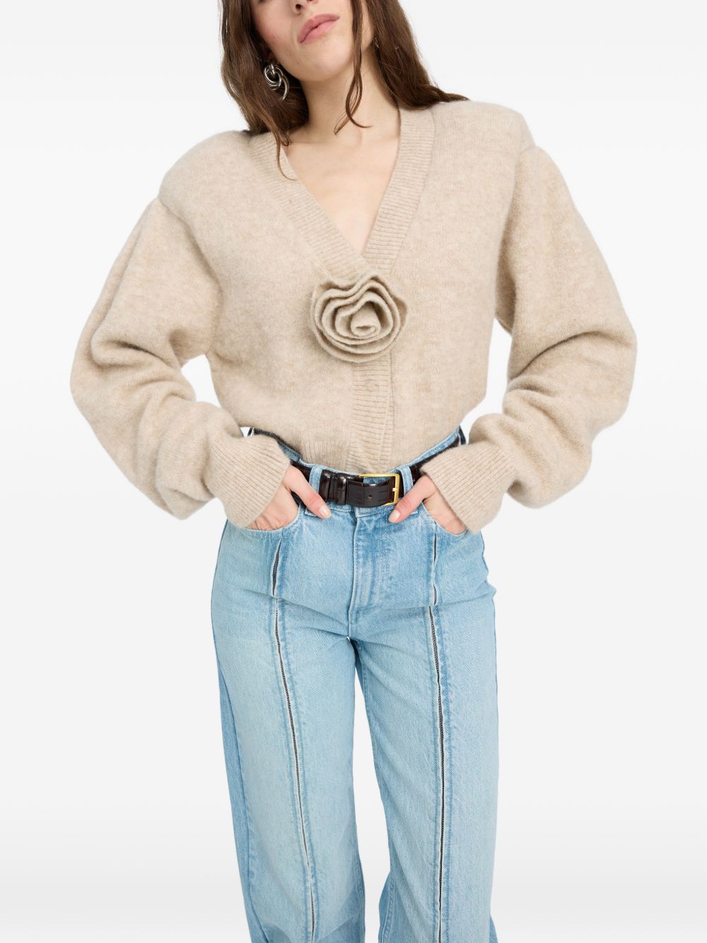 ROTATE Cardigan beige in maglia con fiore
