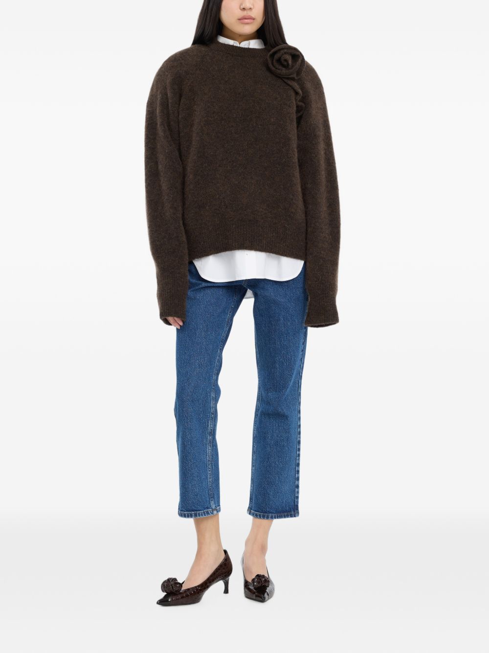 ROTATE Maglione Andie marrone in alpaca con motivo floreale
