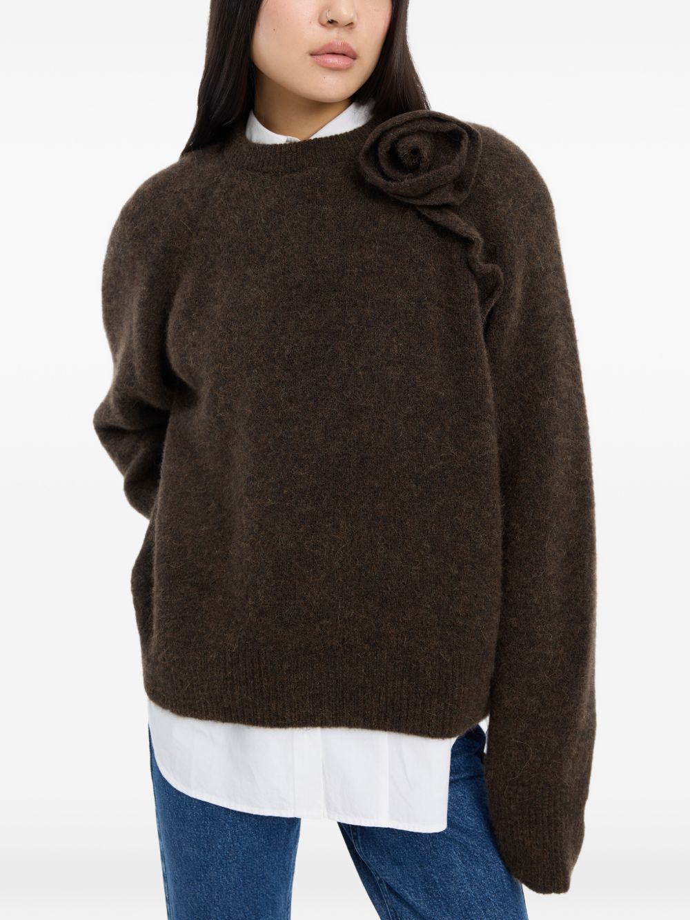 ROTATE Maglione Andie marrone in alpaca con motivo floreale