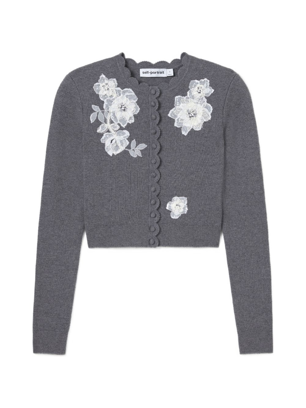 SELF PORTRAIT Cardigan cropped grigio in misto lana con applicazioni floreali