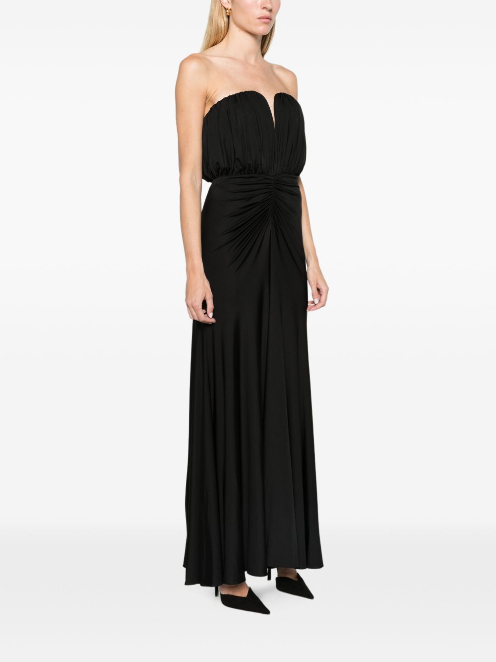 SELF PORTRAIT Abito Lungo Off-Shoulder Nero Plissettato con Vita Sagomata