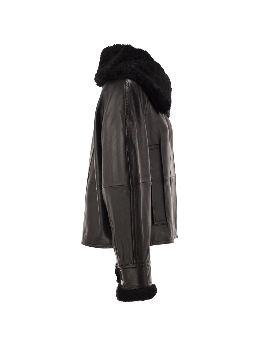 SPORTMAX Giacca in pelle nera con collo in shearling