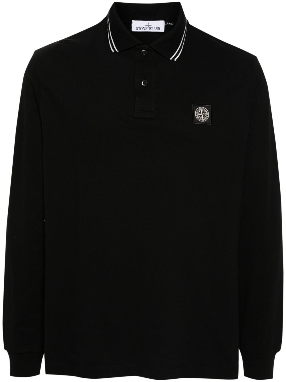 STONE ISLAND Polo nera a maniche lunghe in cotone elasticizzato con dettagli a contrasto