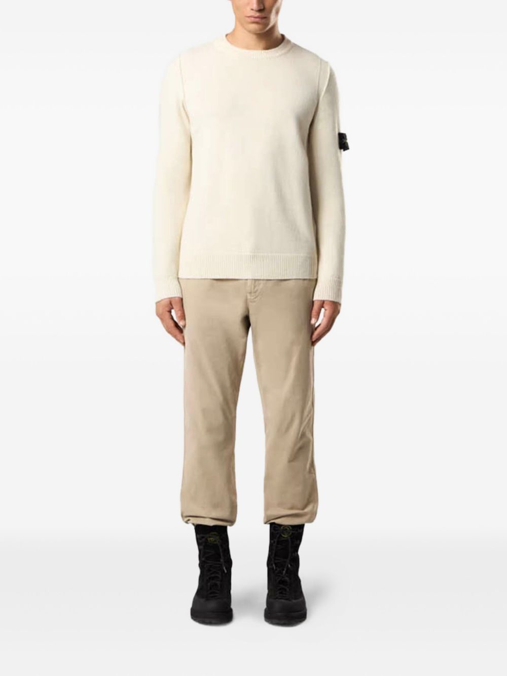 STONE ISLAND Maglia avorio in lana con patch logo sul braccio