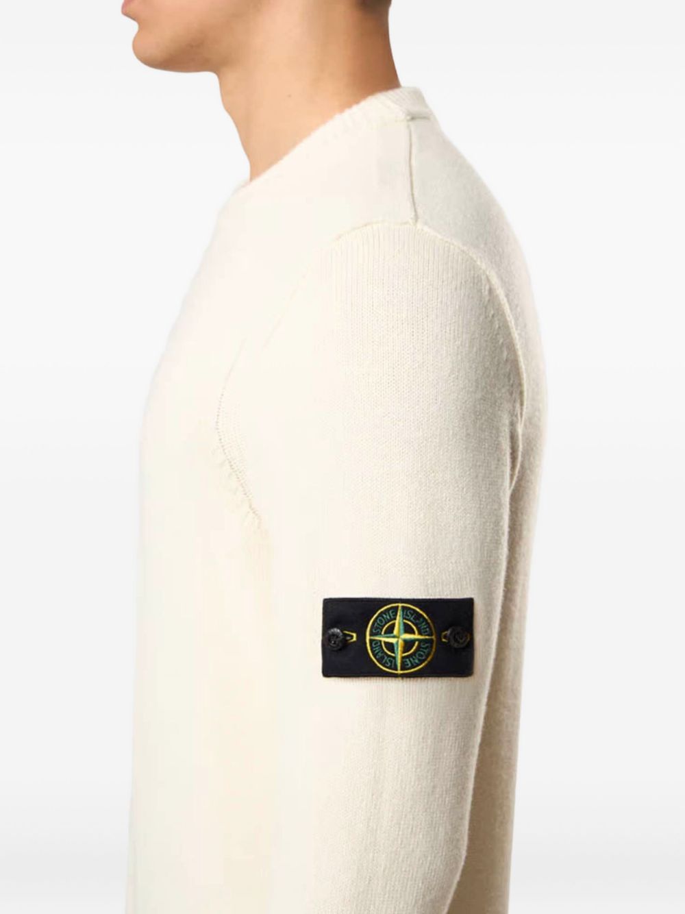 STONE ISLAND Maglia avorio in lana con patch logo sul braccio