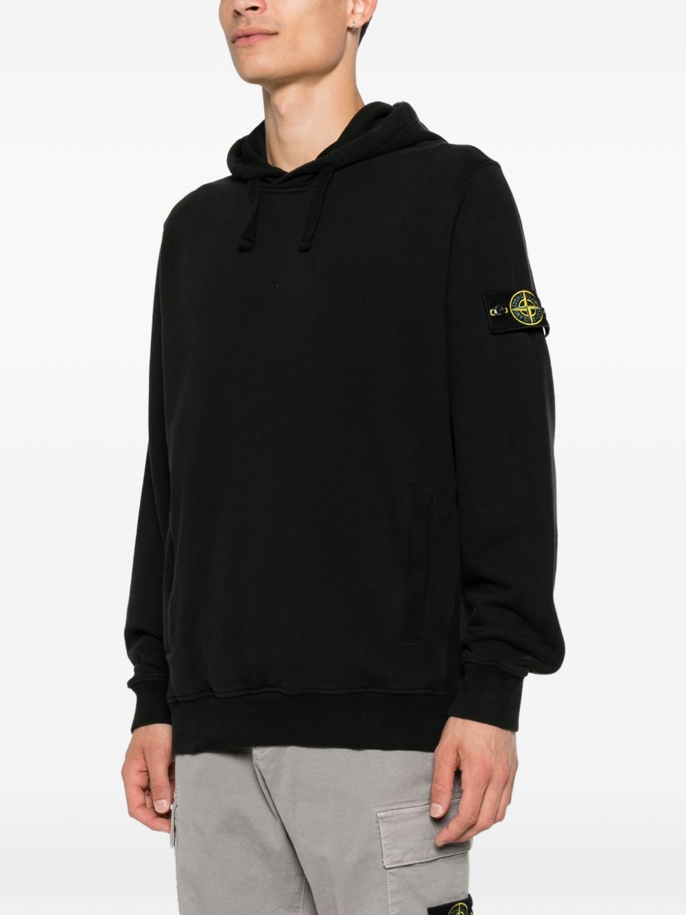 STONE ISLAND Felpa nera in cotone con cappuccio e patch logo