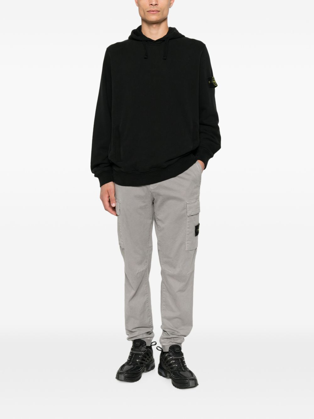 STONE ISLAND Felpa nera in cotone con cappuccio e patch logo