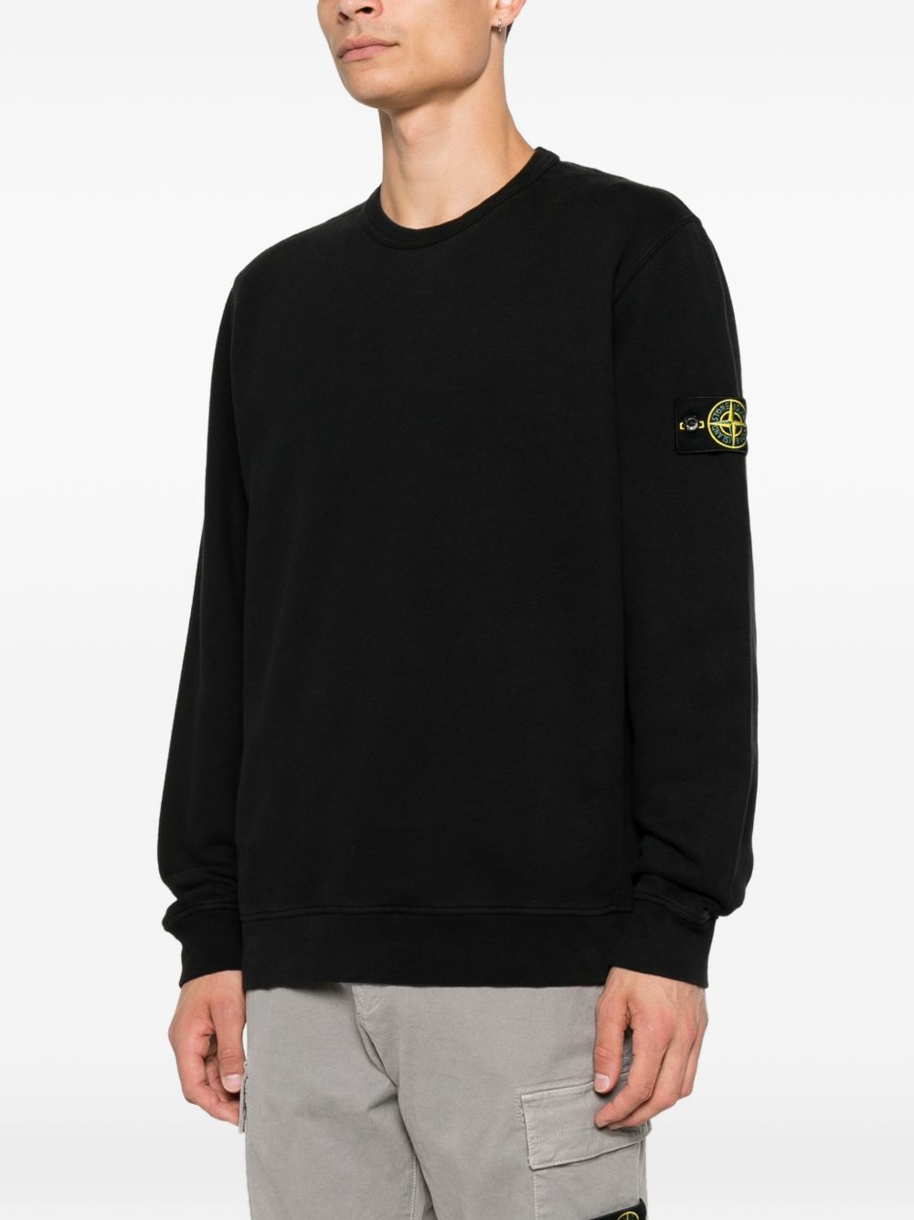 STONE ISLAND Felpa nera in cotone a girocollo con patch logo