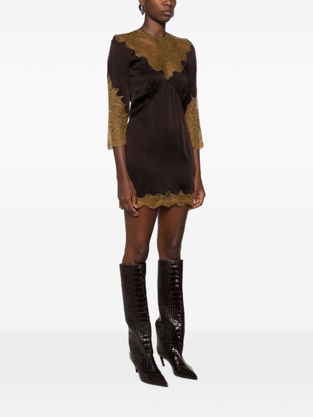 THE ATTICO Mini abito in satin e pizzo marrone e verde