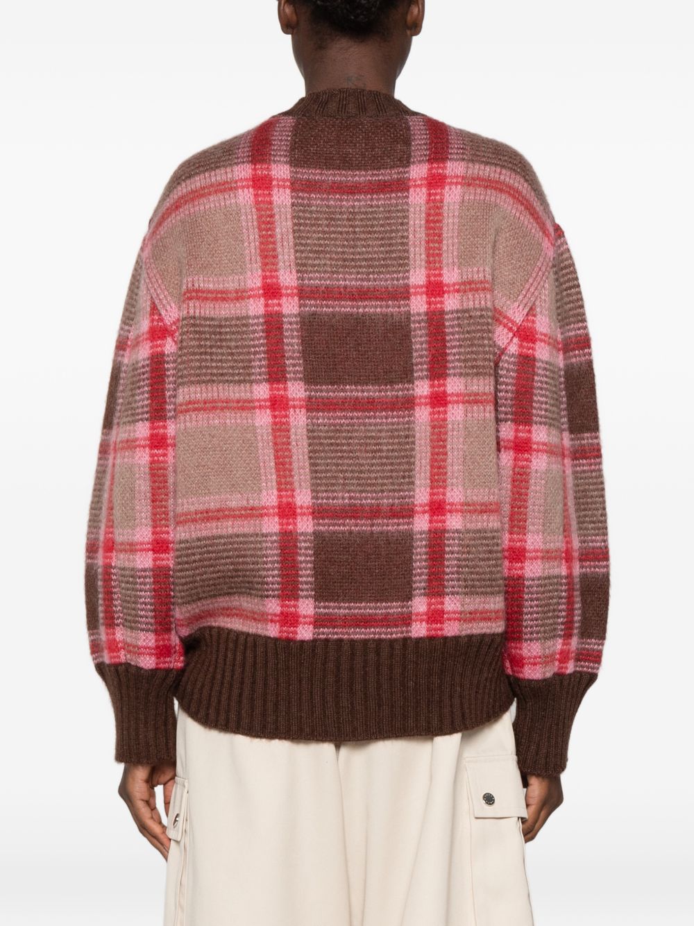 THE ATTICO Maglione girocollo in lana e mohair con motivo check caffè e rosa