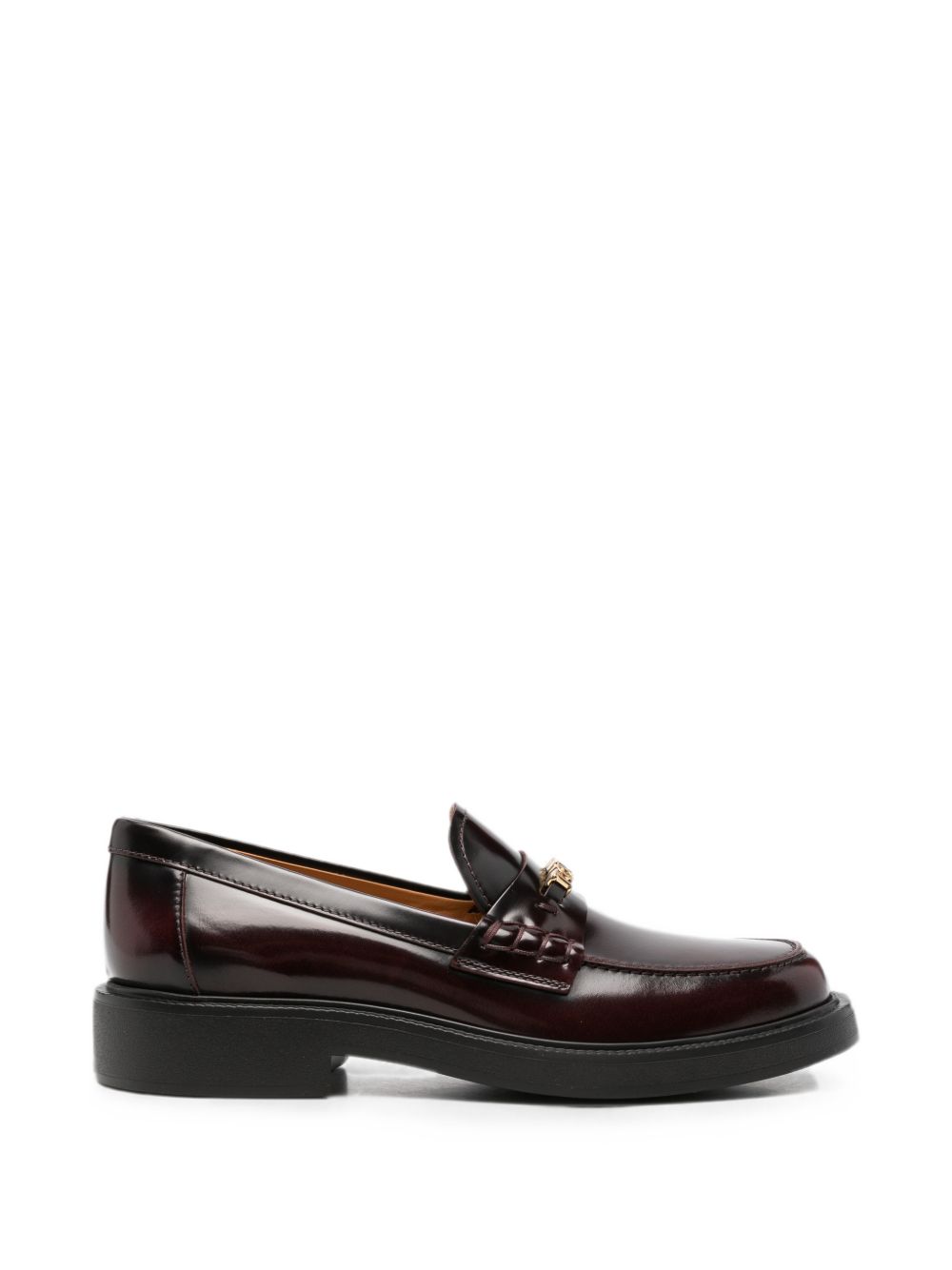 TODS Mocassini in pelle lucida bordeaux con placca logo dorata