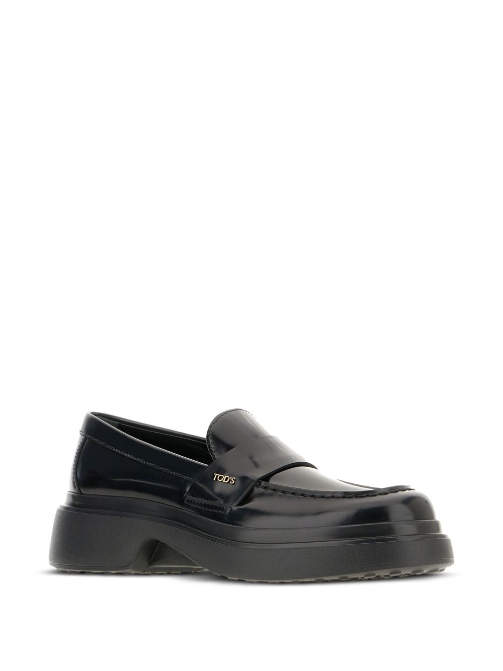 TODS Mocassini in pelle lucida nera con placca logo dorata