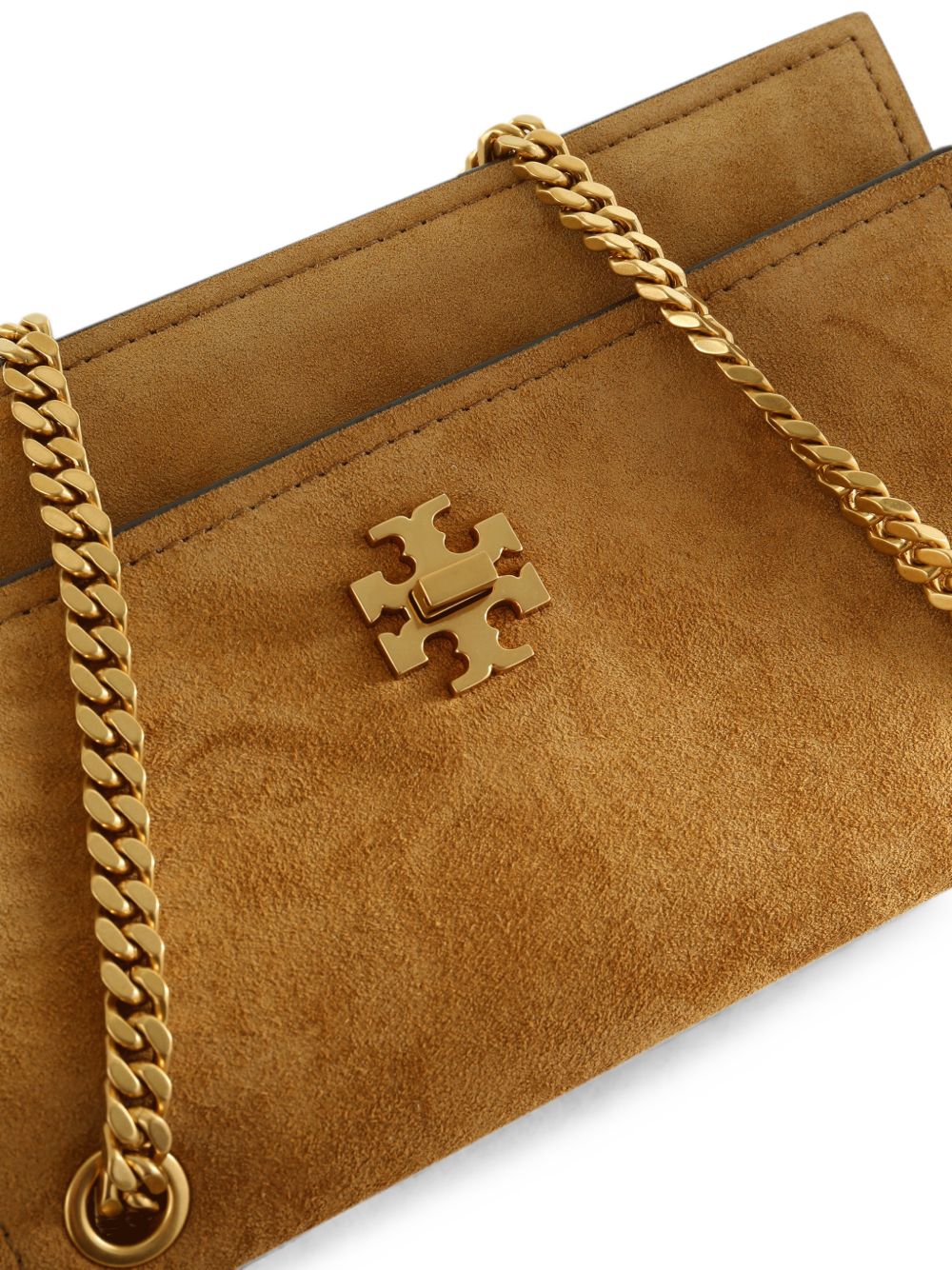 TORY BURCH Borsa mini Kira Turnlock in suede marrone chiaro con catena dorata