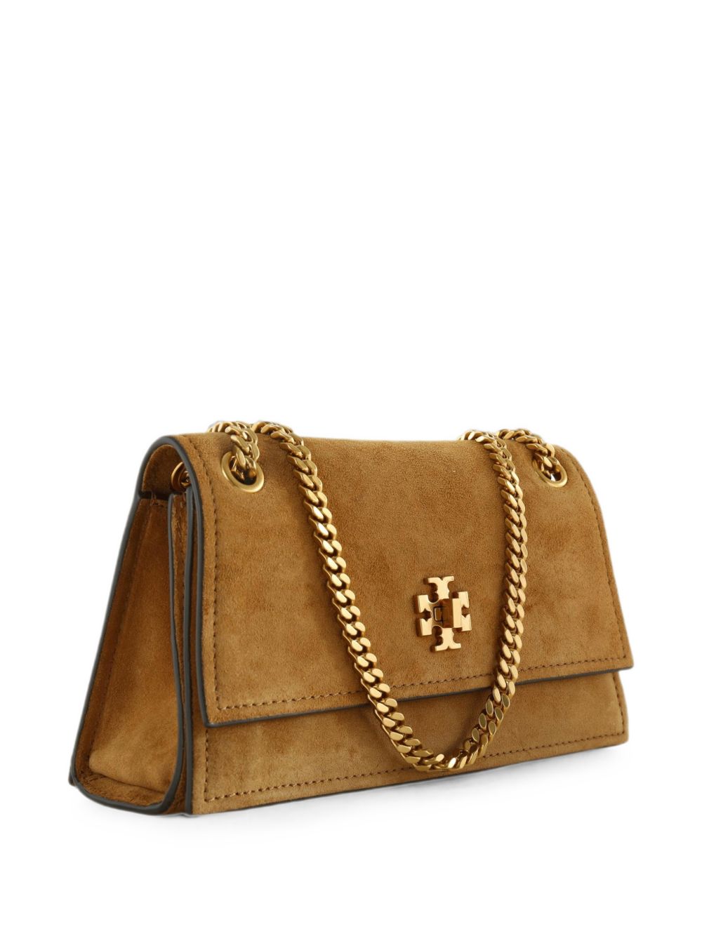 TORY BURCH Borsa mini Kira Turnlock in suede marrone chiaro con catena dorata