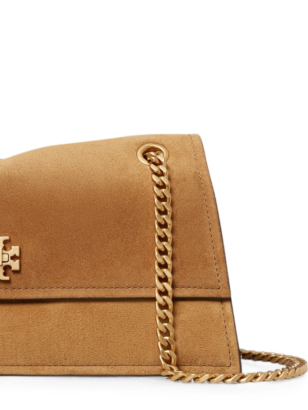 TORY BURCH Borsa Kira Turnlock Suede Shoulder Bag marrone con catena dorata
