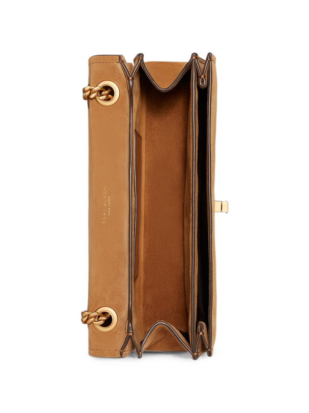 TORY BURCH Borsa Kira Turnlock Suede Shoulder Bag marrone con catena dorata