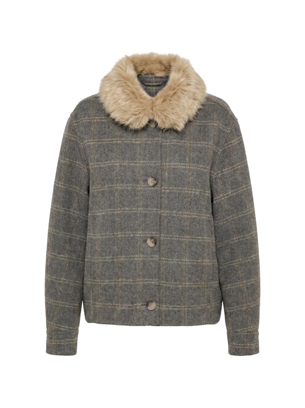 TWINSET Giubbotto in lana tartan grigio con colletto in ecopelliccia