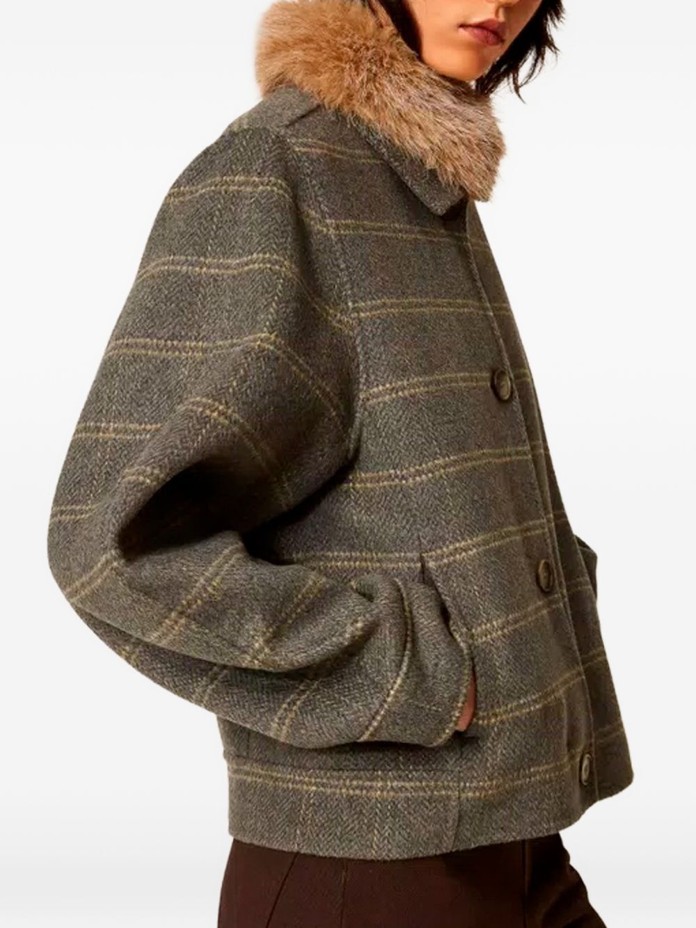 TWINSET Giubbotto in lana tartan grigio con colletto in ecopelliccia