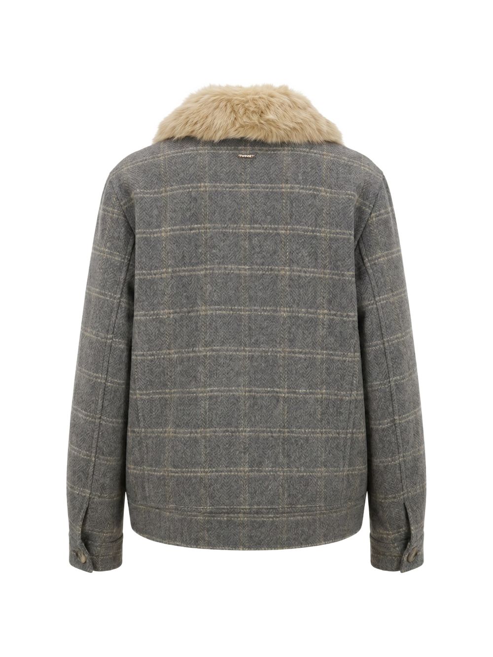 TWINSET Giubbotto in lana tartan grigio con colletto in ecopelliccia