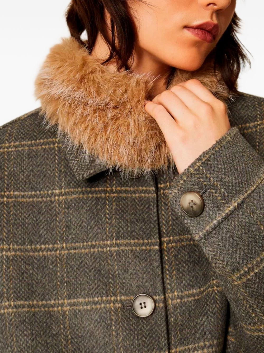 TWINSET Giubbotto in lana tartan grigio con colletto in ecopelliccia