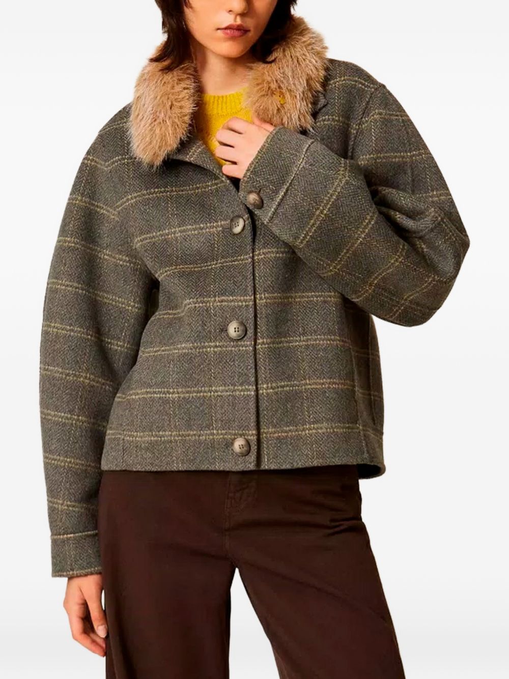 TWINSET Giubbotto in lana tartan grigio con colletto in ecopelliccia