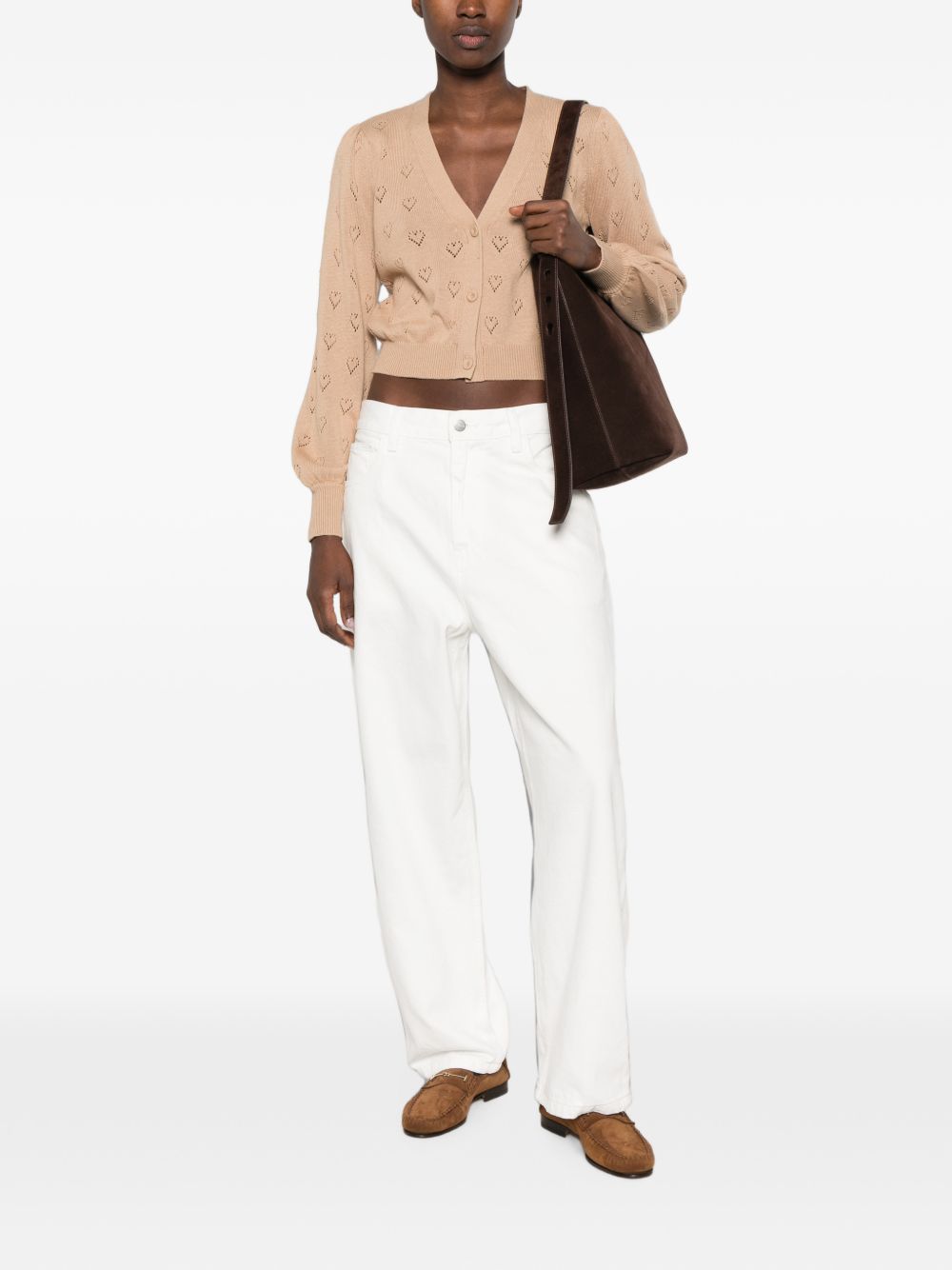 TWINSET Cardigan color cipria con cuori traforati all-over