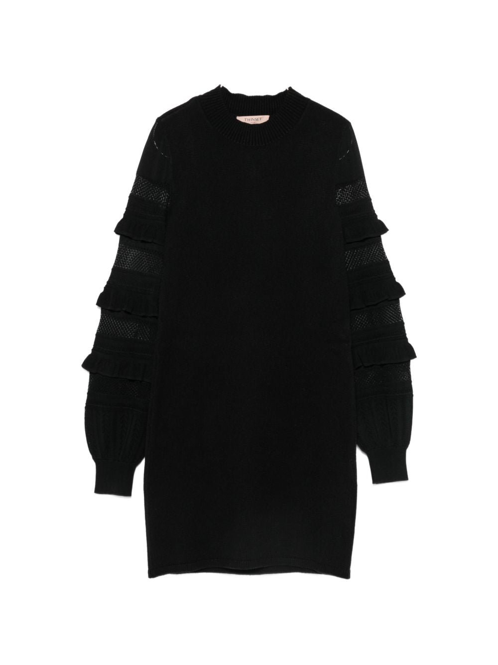 TWINSET Abito corto nero con ruches e inserti semitrasparenti