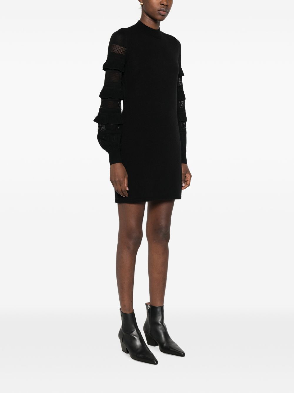 TWINSET Abito corto nero con ruches e inserti semitrasparenti