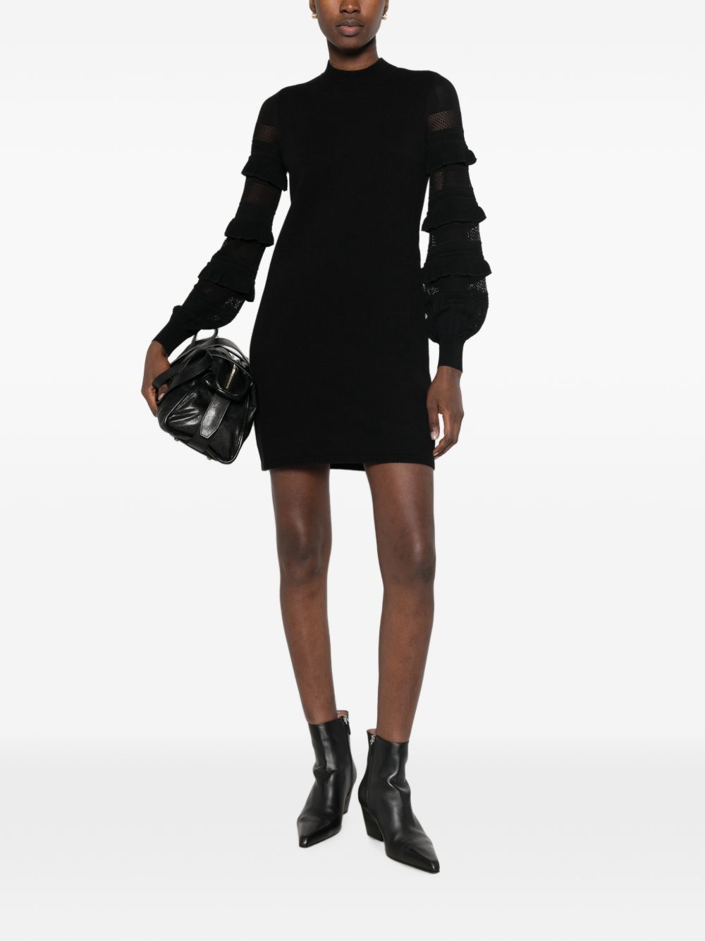 TWINSET Abito corto nero con ruches e inserti semitrasparenti