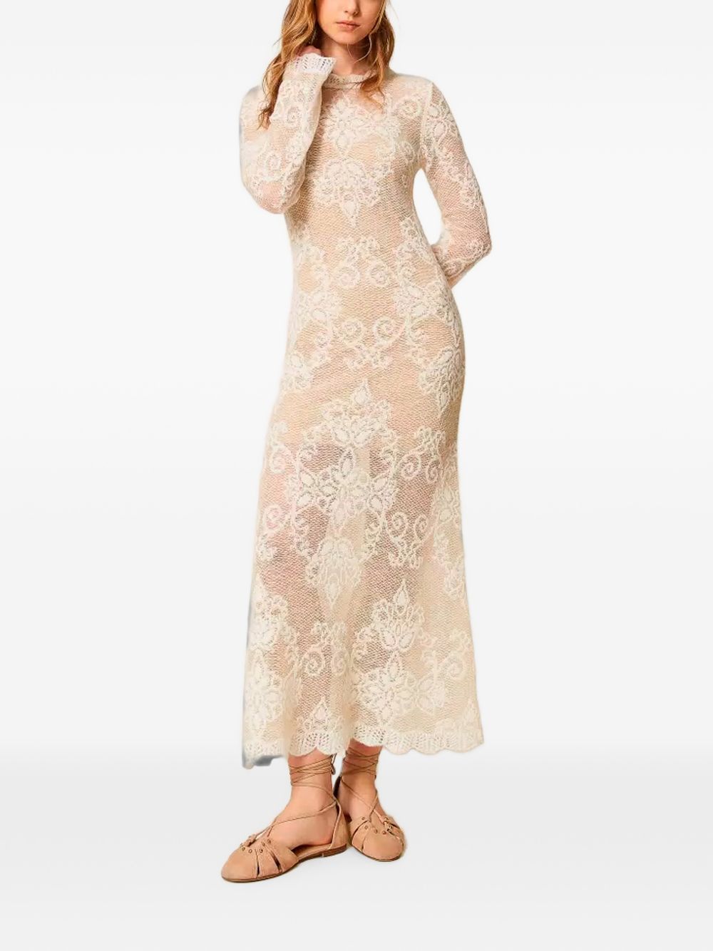 TWINSET Abito lungo color sabbia con pizzo e sottoveste nude