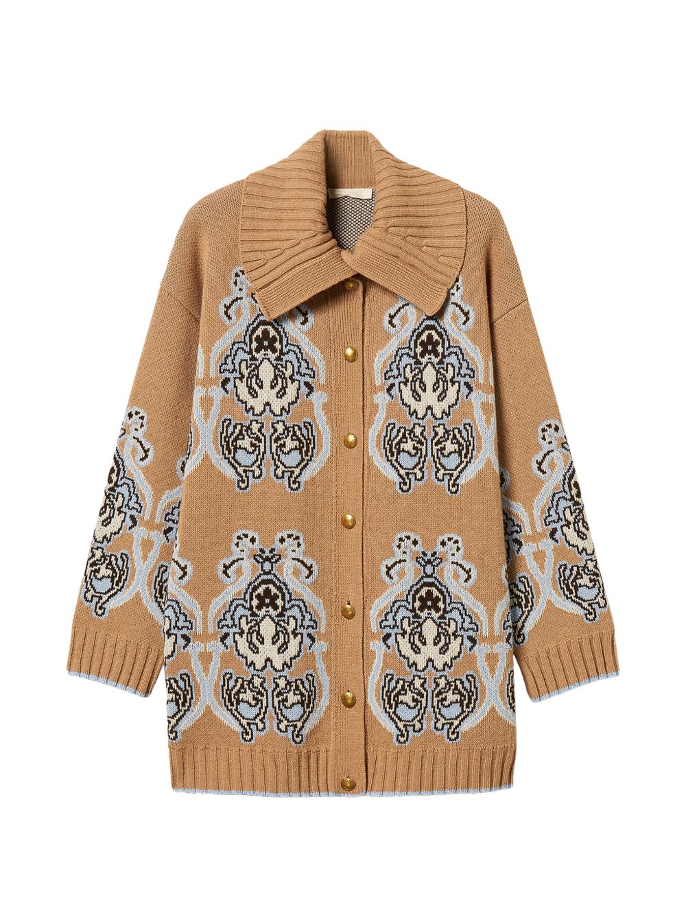 TWINSET Cardigan lungo in lana color senape con design floreale azzurro