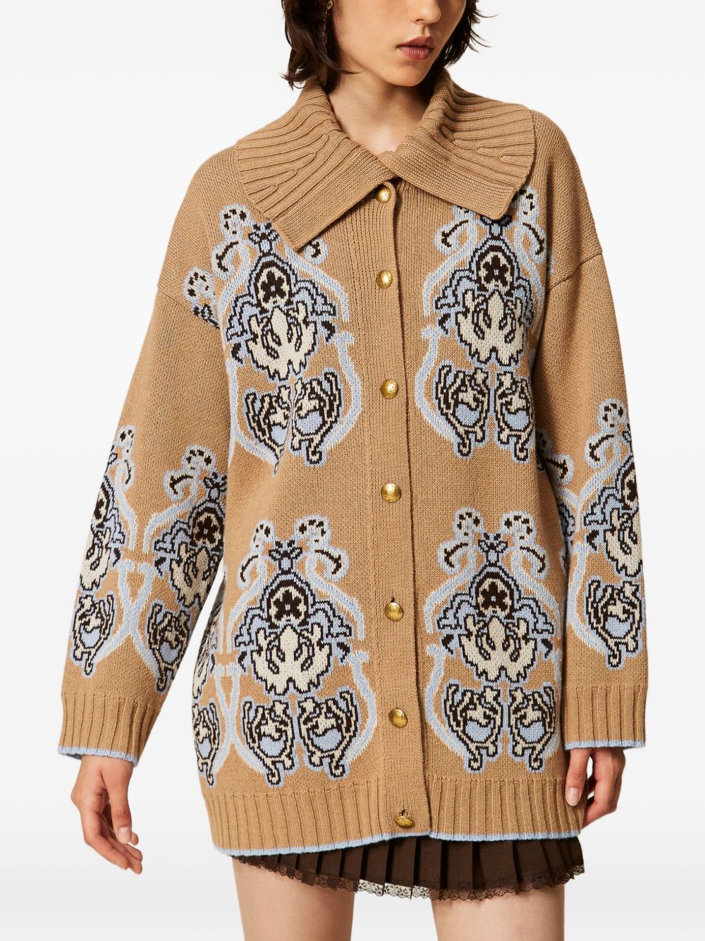 TWINSET Cardigan lungo in lana color senape con design floreale azzurro