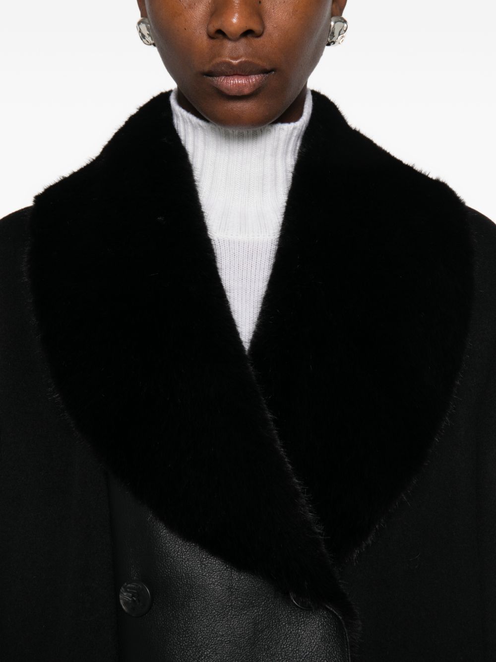 TWINSET Cappotto Doppiopetto Nero in Lana e ecopelle
