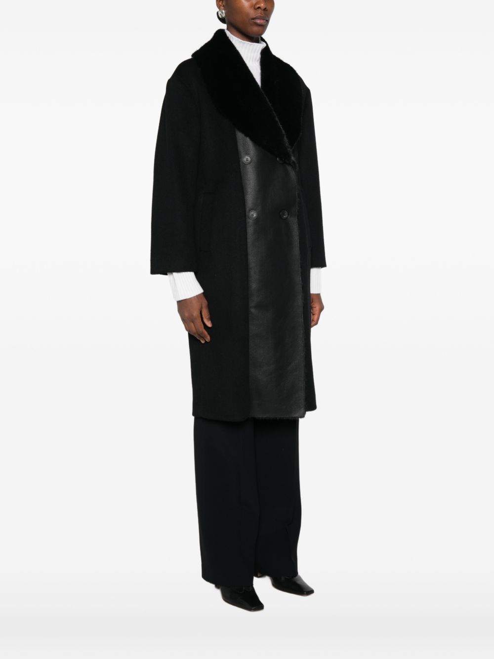 TWINSET Cappotto Doppiopetto Nero in Lana e ecopelle