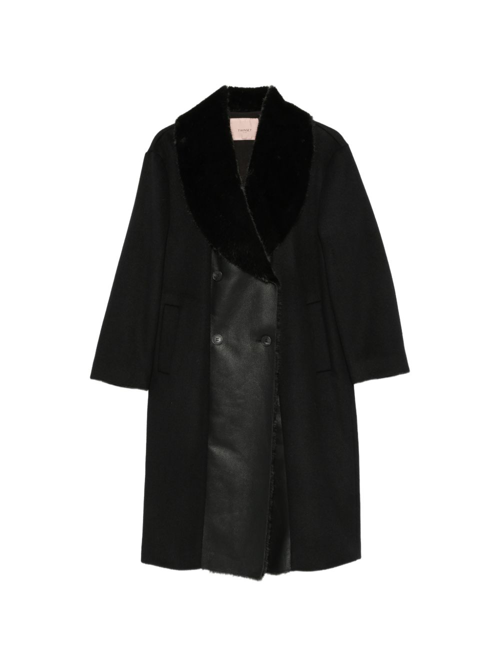 TWINSET Cappotto Doppiopetto Nero in Lana e ecopelle