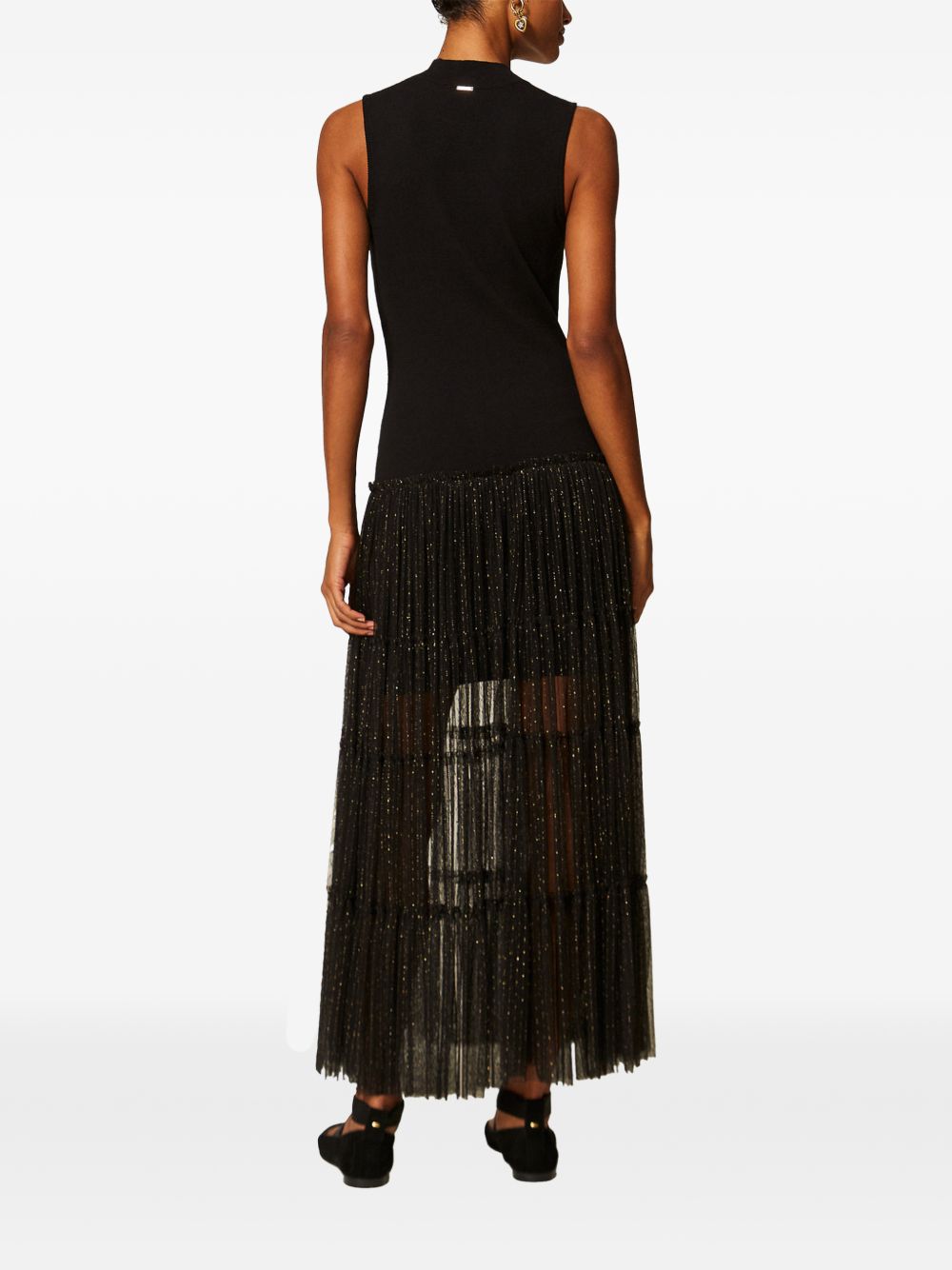 TWINSET Abito nero lungo smanicato in maglia e tulle plumetis