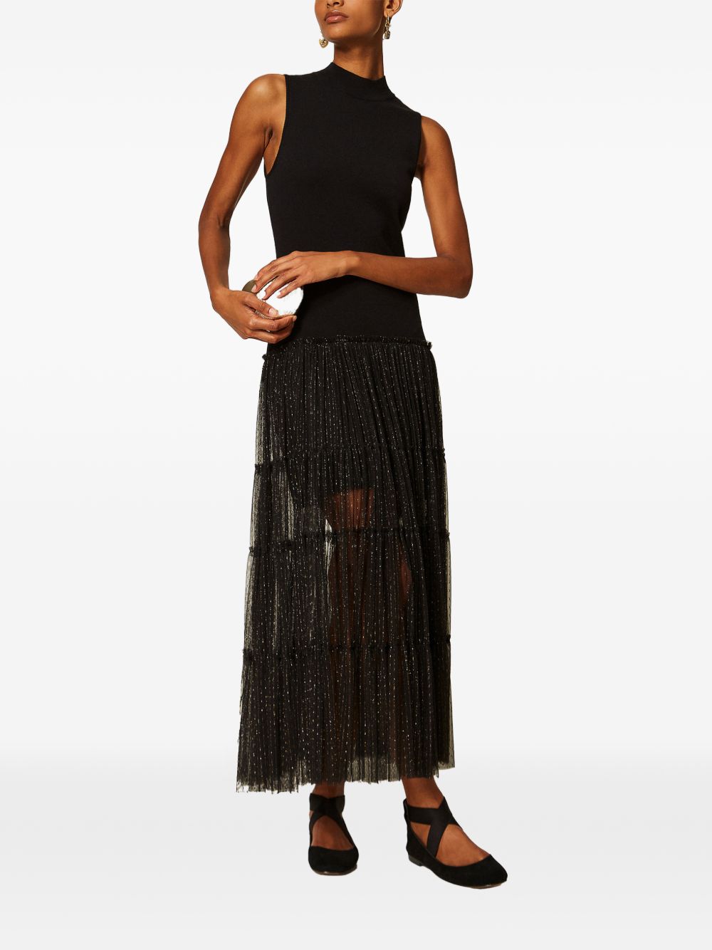 TWINSET Abito nero lungo smanicato in maglia e tulle plumetis