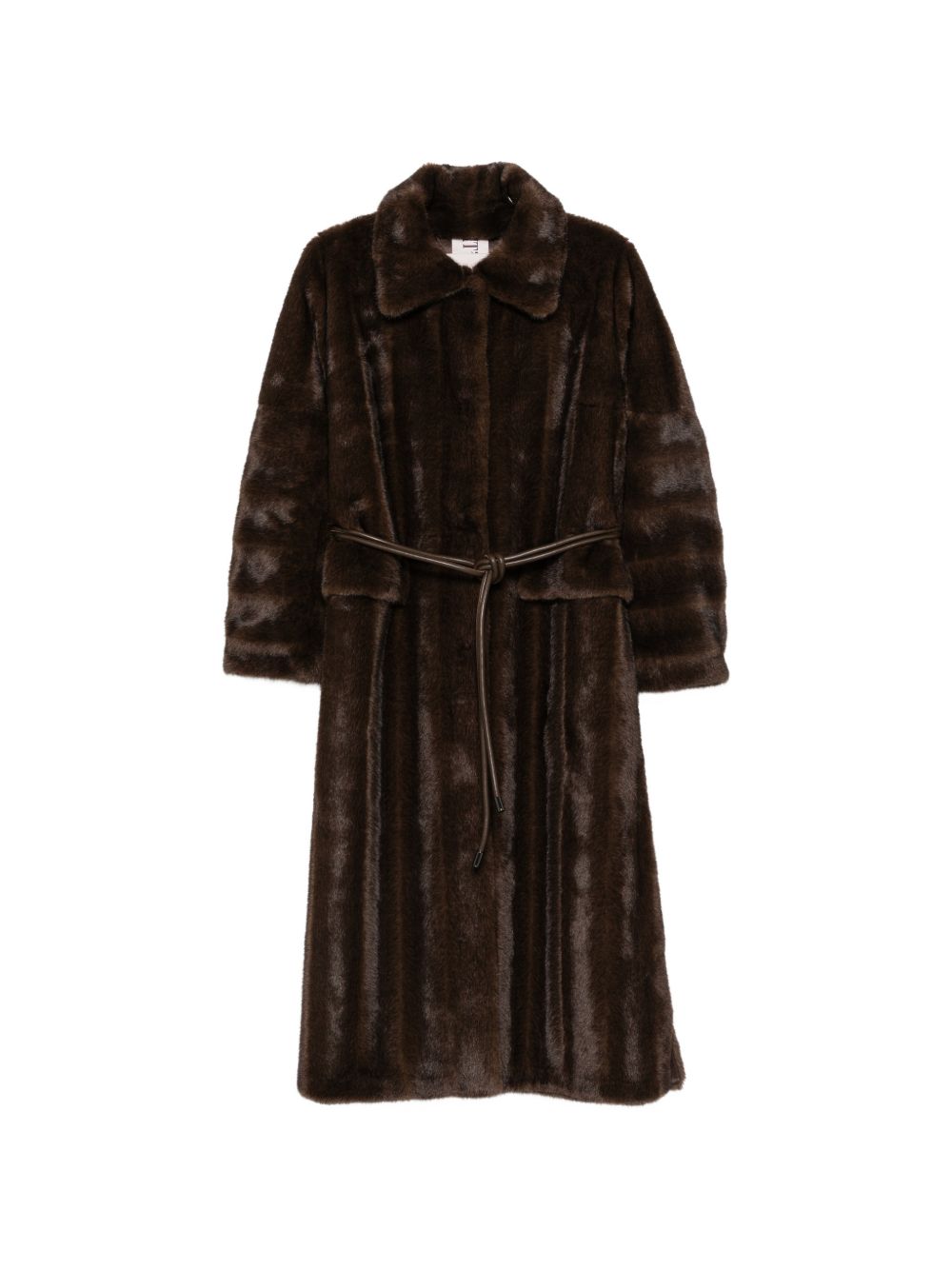 VALENTINI 1972 Cappotto lungo marrone in ecopelliccia con cintura in vita