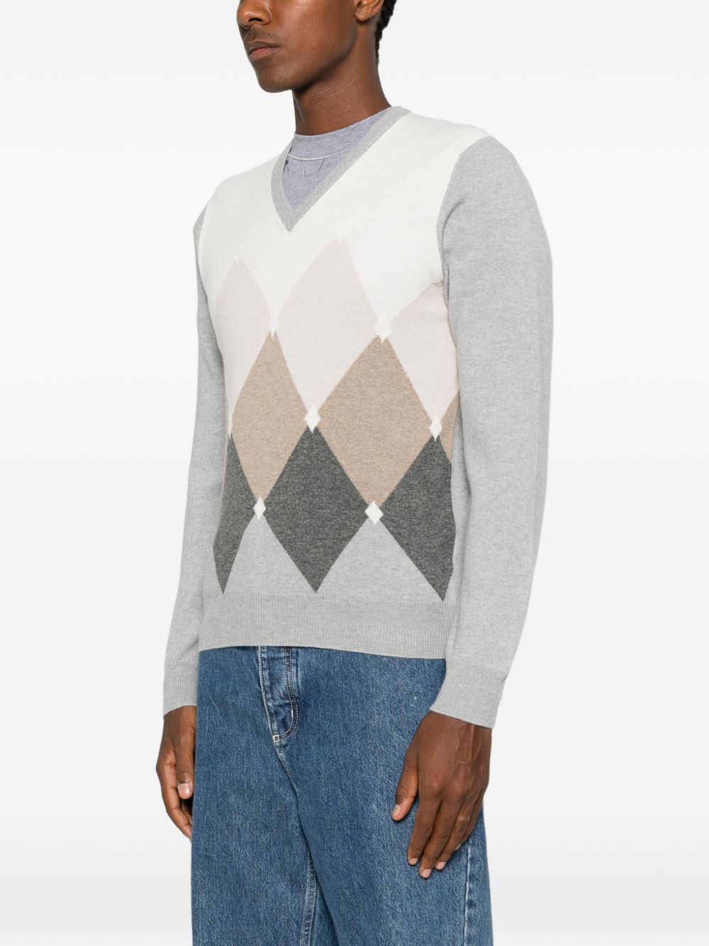 VENGERA Maglia grigia con scollo a V in lana e motivo a rombi