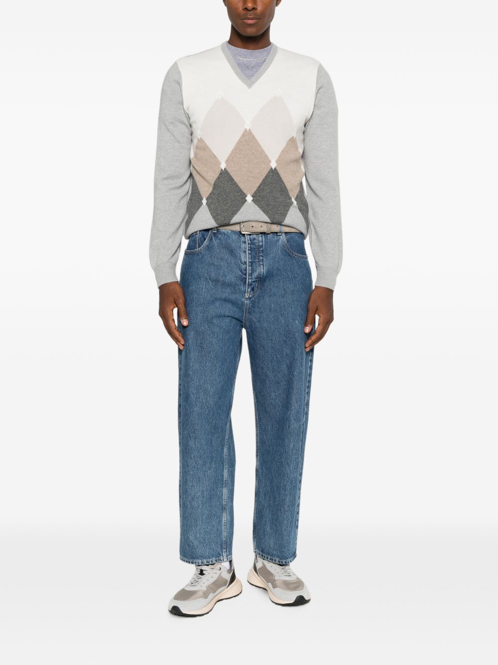 VENGERA Maglia grigia con scollo a V in lana e motivo a rombi