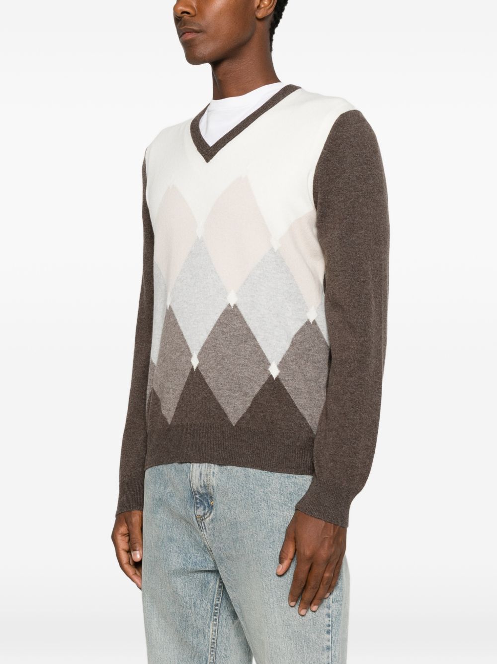 VENGERA Maglia marrone con scollo a V in lana e motivo a rombi